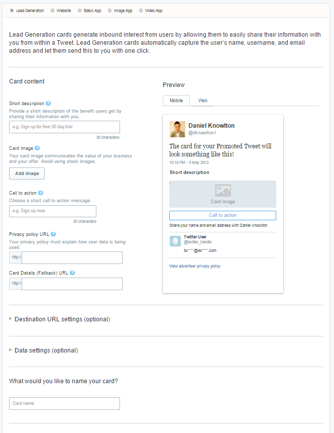 Twitter Lead Generation Card
